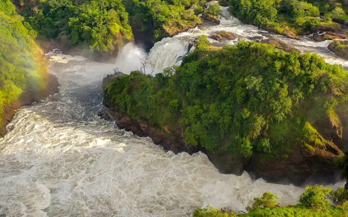 Aerial view of the Nile rushing over Murchison Falls